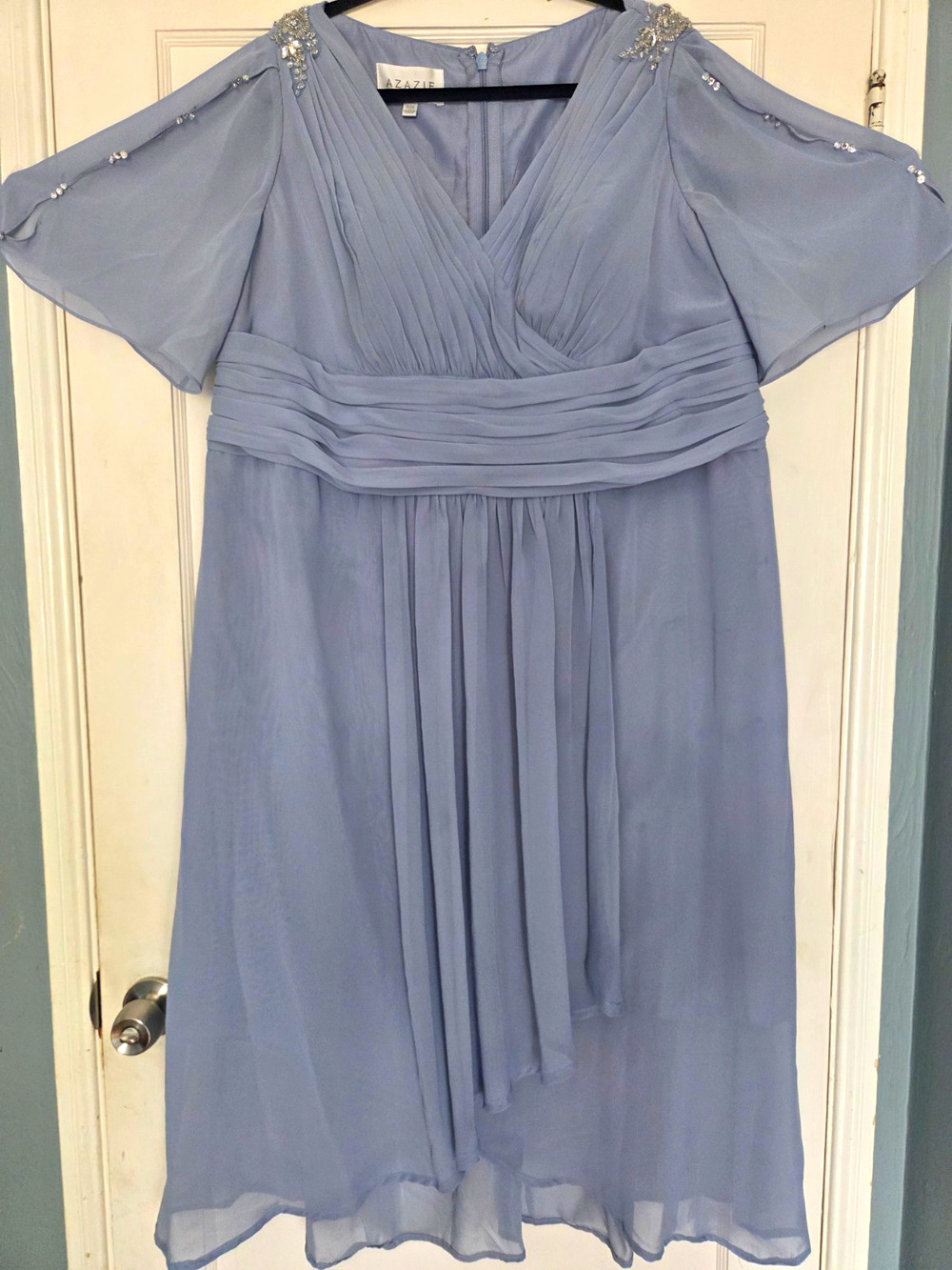 Azazie Sz 24 Blue Cap Sleeve Beaded A-Line Bridesmaid/Mother Of Groom Dress